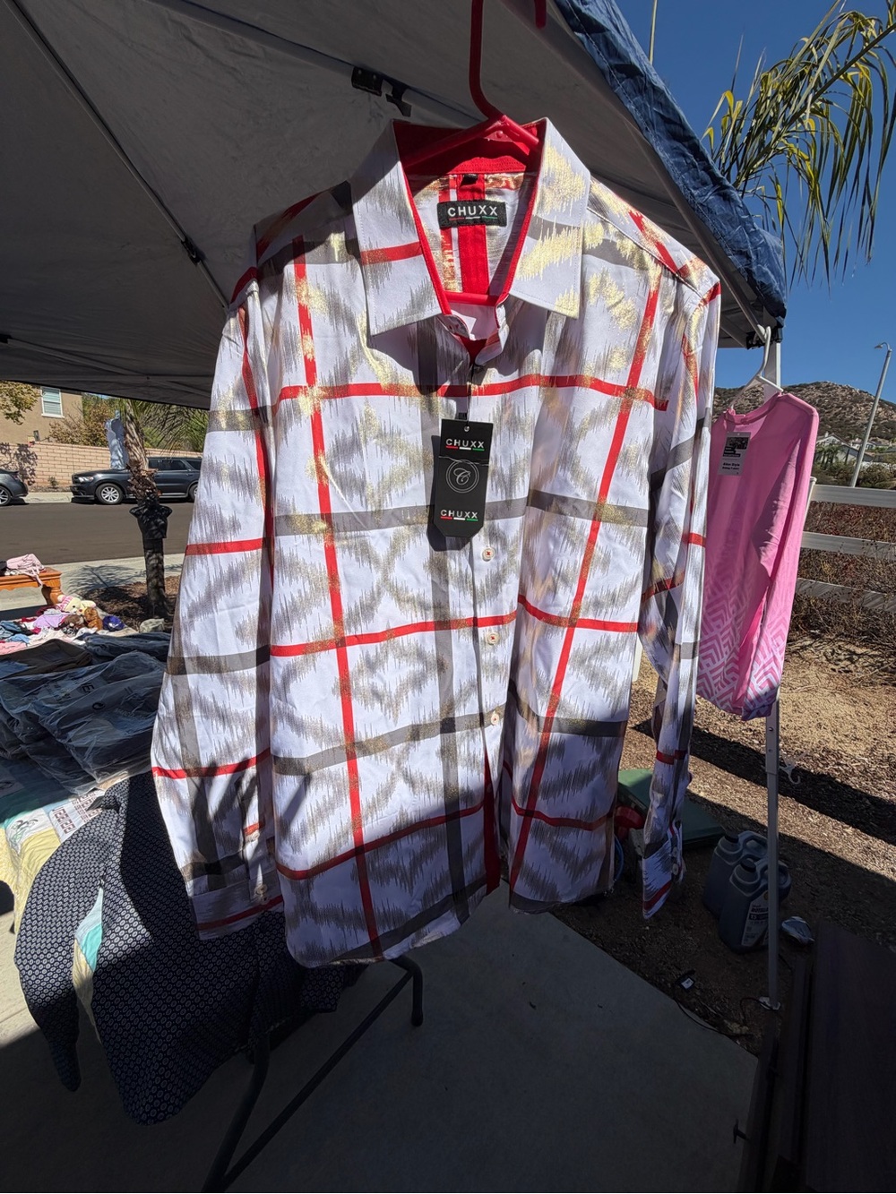 Men’s White Plaid Lightweight Shirt Jacket - Red & Gray Windowpane